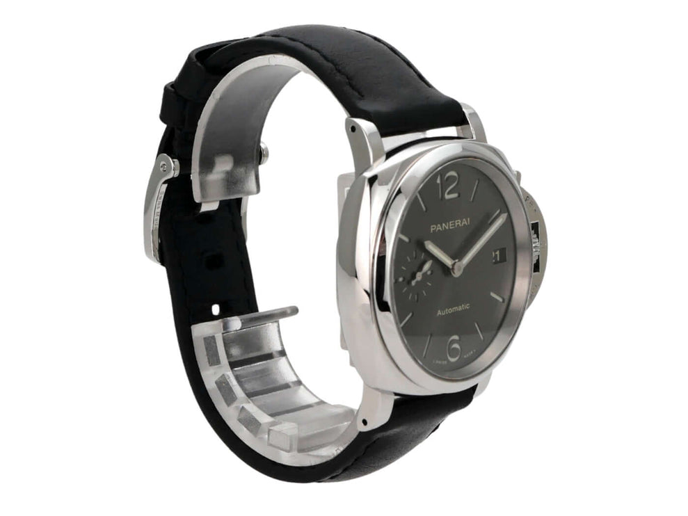 Panerai Luminor Due 3 Days Acciaio 38 Uhr PAM00755 mit Edelstahlgehäuse und schwarzem Lederarmband.