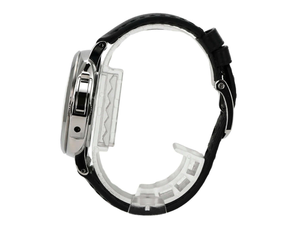 Panerai Luminor Due 3 Days Acciaio 38 PAM00755 seitliche Ansicht mit schwarzem Lederarmband und polierter Edelstahlgehäuse.