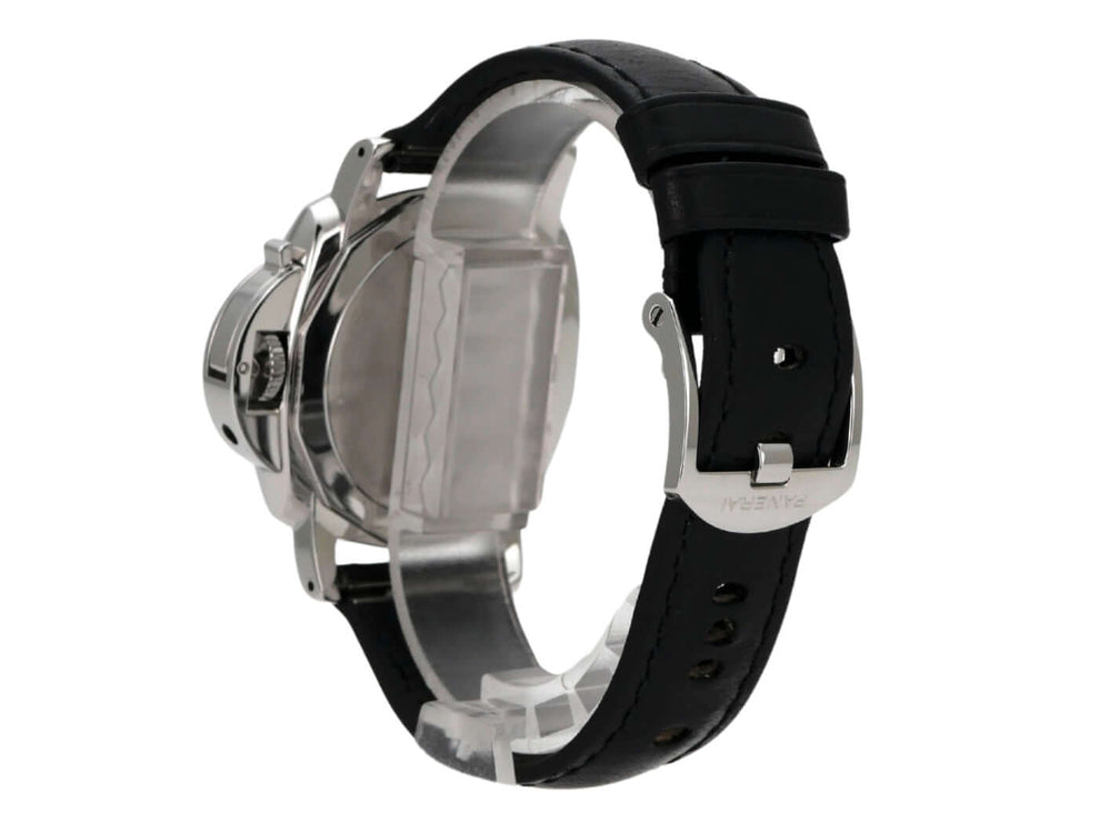 Panerai Luminor Due 3 Days Acciaio 38 PAM00755, Edelstahlgehäuse, schwarzes Lederarmband, detailierte Rückansicht.