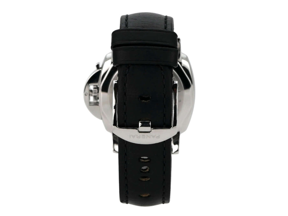 Rückansicht der Panerai Luminor Due 3 Tage PAM00755 mit schwarzem Lederarmband und polierter Edelstahl-Schließe.