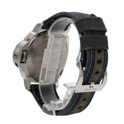 Panerai Luminor Base Logo Acciaio 44 PAM00774 mit blauem Textilarmband und Edelstahlgehäuse.