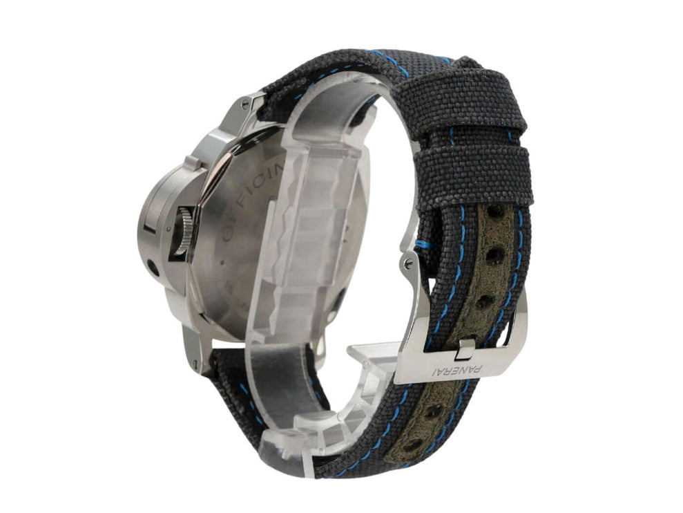 Panerai Luminor Base Logo Acciaio 44 PAM00774 mit blauem Textilarmband und Edelstahlgehäuse.
