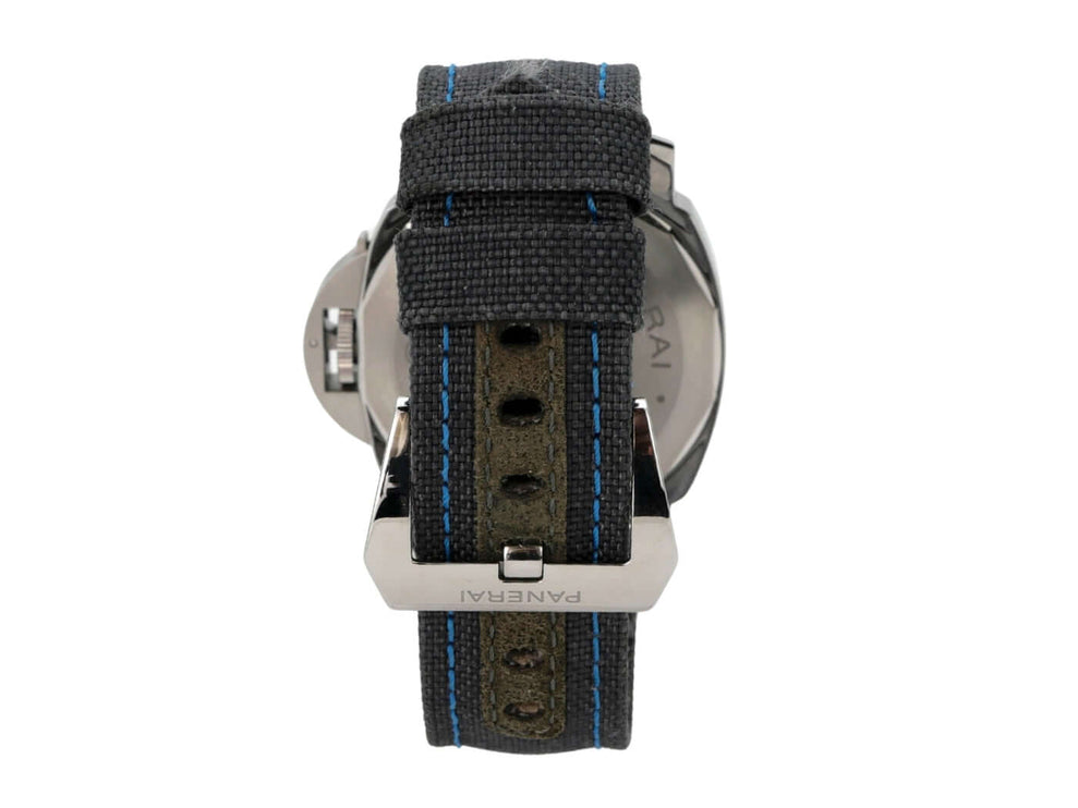 Panerai Luminor Base Logo Acciaio 44 PAM00774 Rückansicht des Textilarmbands mit blauer Ziernaht und Dornschließe.