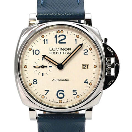 Panerai Luminor Due PAM00906 3 Days Acciaio 42 mit blauem Lederarmband und elfenbeinfarbenem Zifferblatt