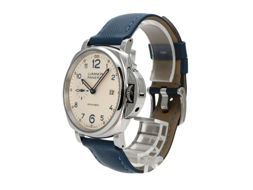 Panerai Luminor Due PAM00906 3 Days Acciaio 42 Uhr mit blauem Lederarmband und elfenbeinfarbenem Zifferblatt