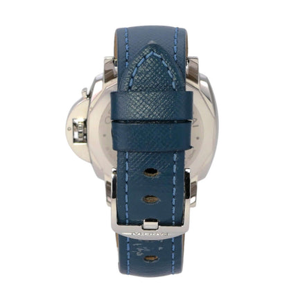 Panerai Luminor Due PAM00906 3 Days Acciaio 42 mit blauem Lederarmband und polierter Edelstahl-Dornschließe.