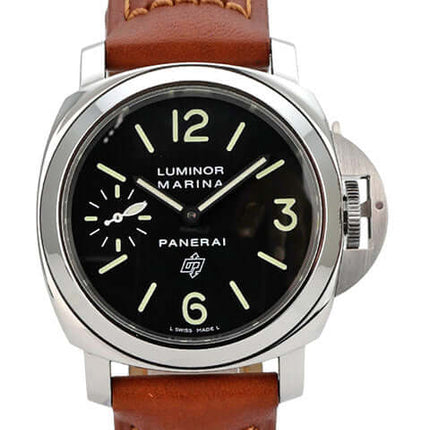 Panerai Luminor Marina Logo Acciaio PAM01005 mit braunem Lederarmband und schwarzem Zifferblatt