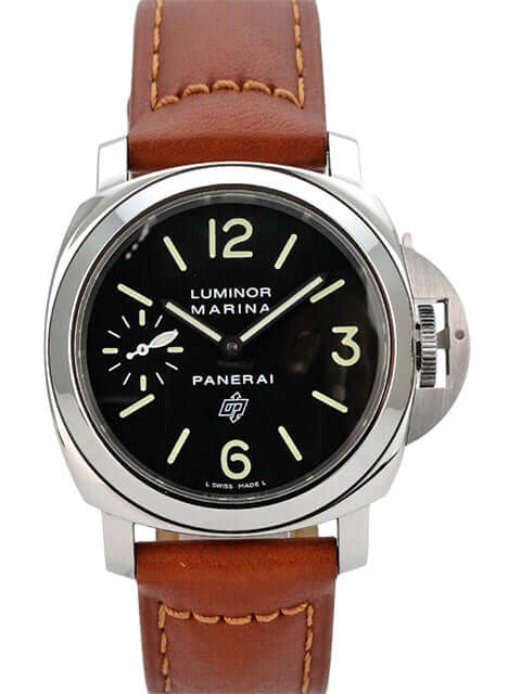 Panerai Luminor Marina Logo Acciaio PAM01005 mit braunem Lederarmband und schwarzem Zifferblatt