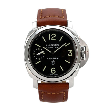 Panerai Luminor Marina Logo Acciaio PAM01005 mit braunem Lederarmband und schwarzem Zifferblatt