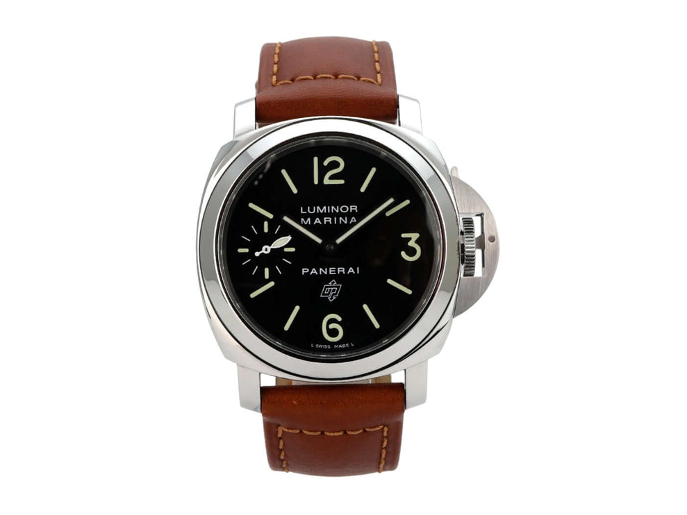 Panerai Luminor Marina Logo Acciaio PAM01005 mit braunem Lederarmband und schwarzem Zifferblatt