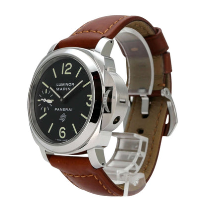 Panerai Luminor Marina Logo Acciaio PAM01005 mit braunem Lederarmband und schwarzem Zifferblatt