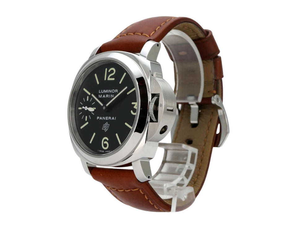 Panerai Luminor Marina Logo Acciaio PAM01005 mit braunem Lederarmband und schwarzem Zifferblatt