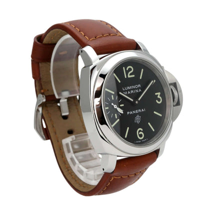 Panerai Luminor Marina Logo Acciaio PAM01005 aus Edelstahl mit braunem Lederarmband und schwarzem Zifferblatt