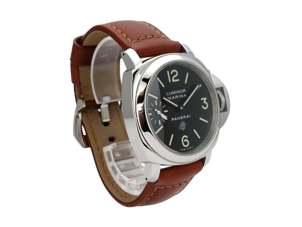 Panerai Luminor Marina Logo Acciaio PAM01005 aus Edelstahl mit braunem Lederarmband und schwarzem Zifferblatt