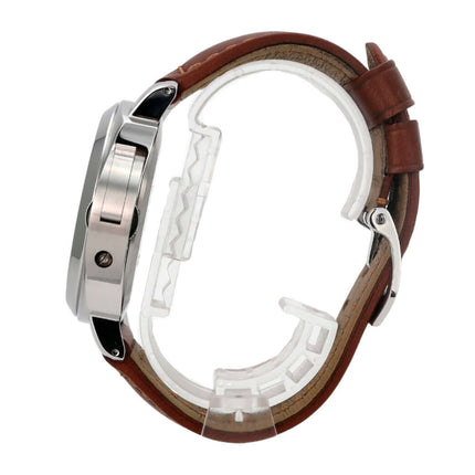 Panerai Luminor Marina Logo Acciaio PAM01005 Edelstahlgehäuse mit braunem Lederarmband seitlich