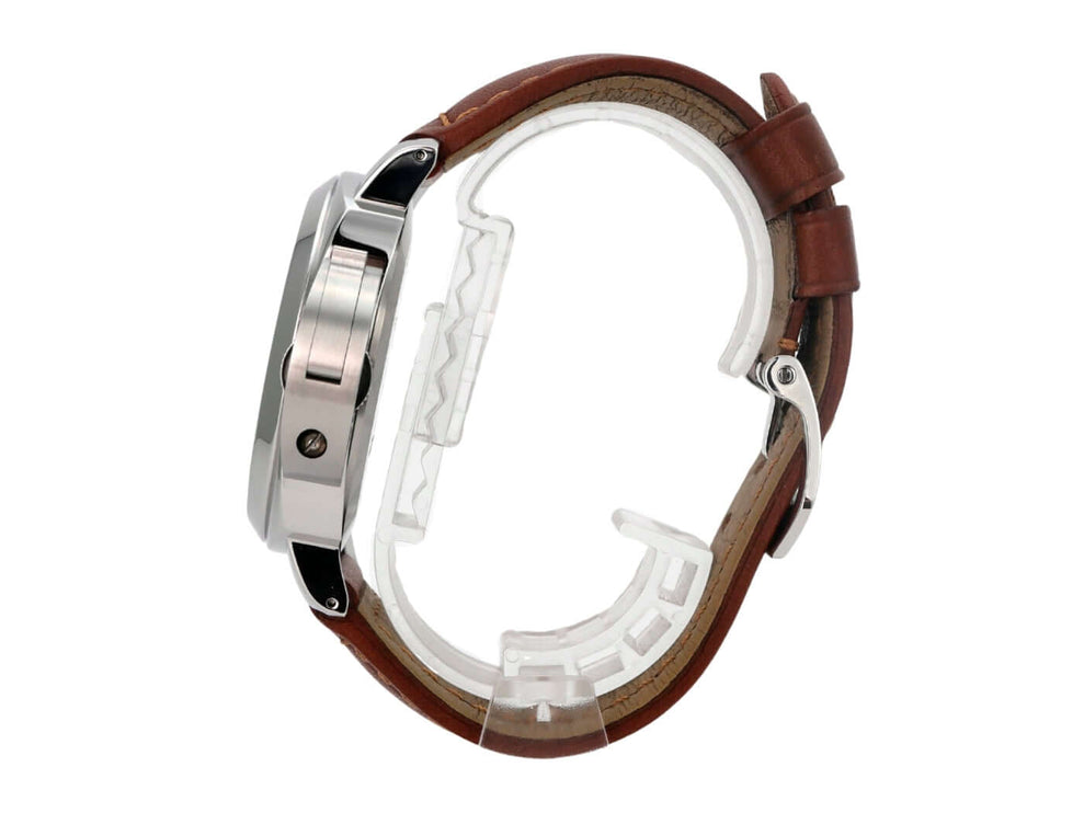 Panerai Luminor Marina Logo Acciaio PAM01005 Edelstahlgehäuse mit braunem Lederarmband seitlich
