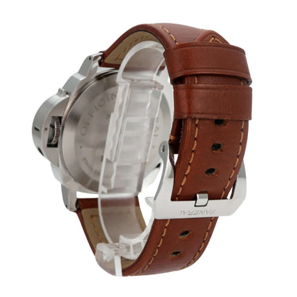 Panerai Luminor Marina Logo Acciaio PAM01005 mit braunem Lederarmband und Edelstahlgehäuse von der Seite