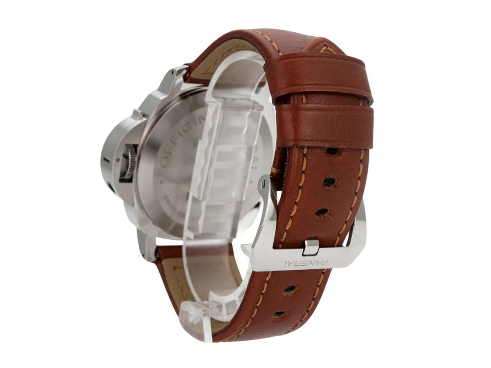 Panerai Luminor Marina Logo Acciaio PAM01005 mit braunem Lederarmband und Edelstahlgehäuse von der Seite