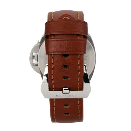 Panerai Luminor Marina Logo Acciaio PAM01005 mit braunem Lederarmband und Stahl-Dornschließe von hinten.