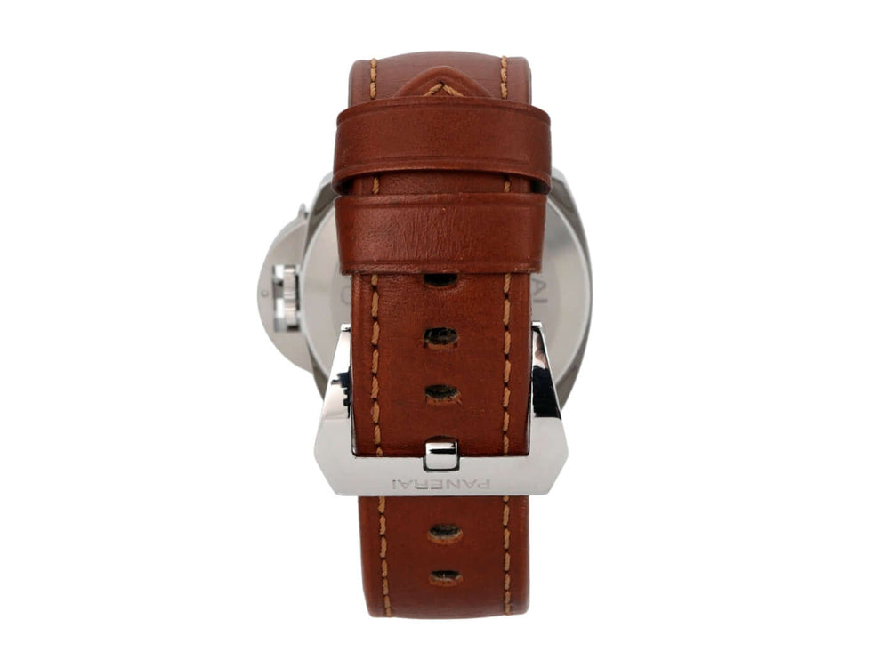 Panerai Luminor Marina Logo Acciaio PAM01005 mit braunem Lederarmband und Stahl-Dornschließe von hinten.