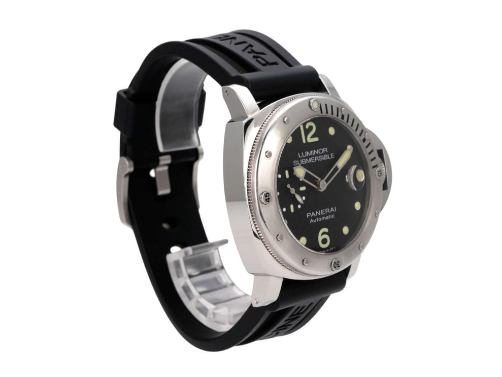 Panerai Luminor Submersible Automatic Acciaio 44 PAM01024 mit schwarzem Kautschukband und poliertem Edelstahlgehäuse.