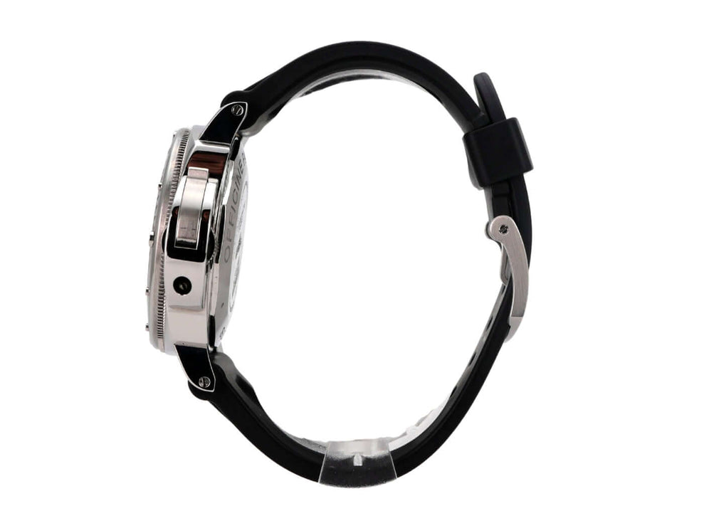 Panerai Luminor Submersible Automatic Acciaio 44 PAM01024 seitliche Ansicht mit schwarzem Kautschukband und Edelstahlgehäuse.
