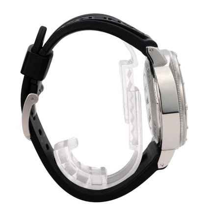 Panerai Luminor Submersible Automatic Acciaio 44 PAM01024 seitliche Ansicht mit schwarzem Kautschukband und Edelstahlgehäuse.