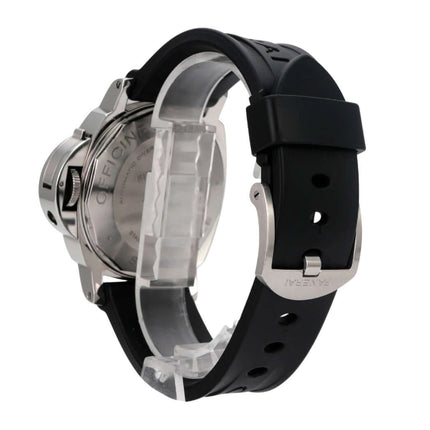 Panerai Luminor Submersible Automatic Acciaio 44 PAM01024 Rückansicht mit schwarzem Kautschukband und Edelstahlverschluss.