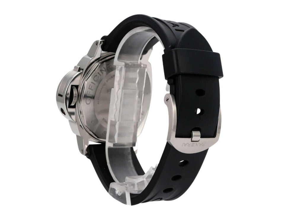 Panerai Luminor Submersible Automatic Acciaio 44 PAM01024 Rückansicht mit schwarzem Kautschukband und Edelstahlverschluss.
