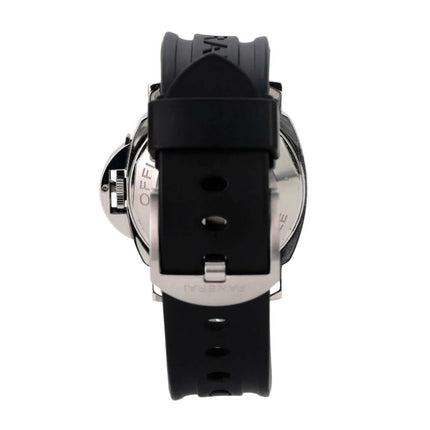 Rückansicht der Panerai Luminor Submersible Automatic Acciaio 44 PAM01024 mit schwarzem Kautschukband.