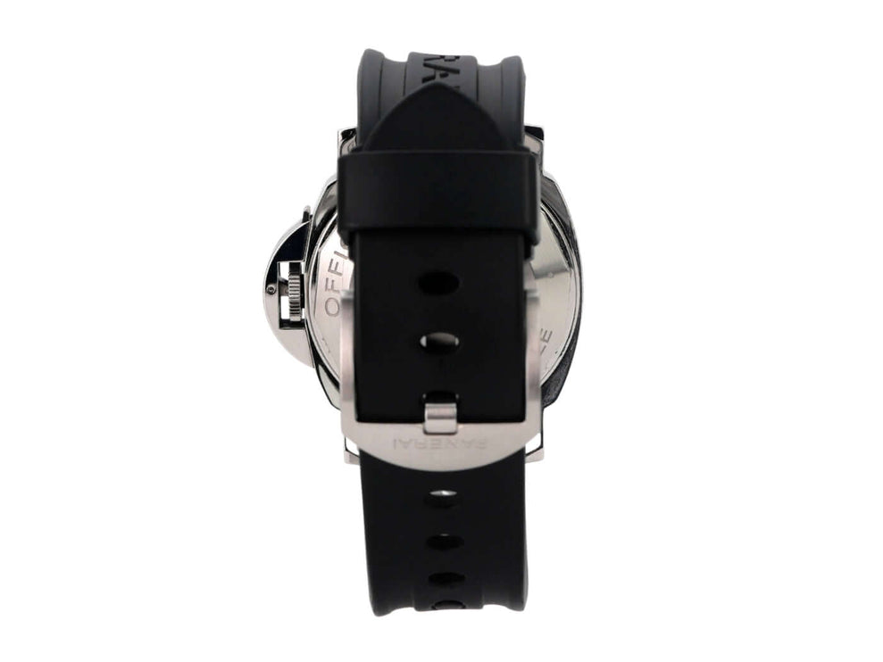 Rückansicht der Panerai Luminor Submersible Automatic Acciaio 44 PAM01024 mit schwarzem Kautschukband.
