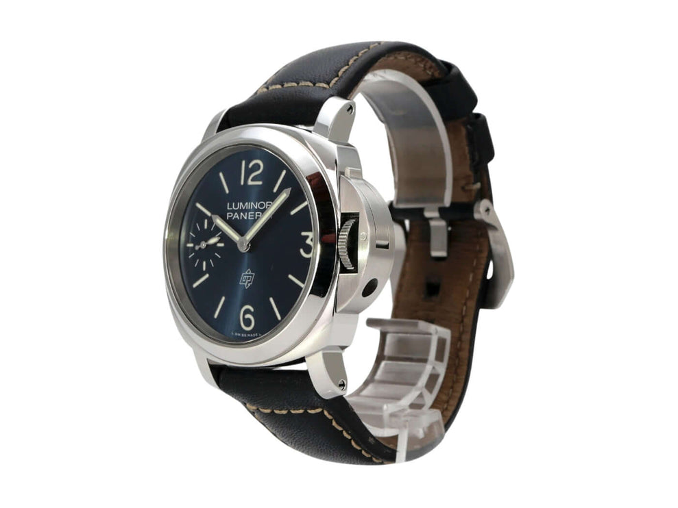 Panerai Luminor Blu Mare 44 PAM01085 Uhr mit Edelstahl-Gehäuse und blauem Lederarmband.