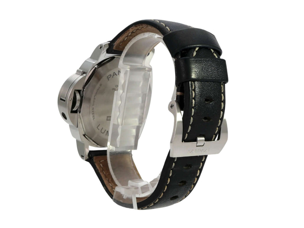 Panerai Luminor Blu Mare 44 PAM01085 Uhr mit schwarzem Lederarmband und Edelstahlgehäuse, seitliche Ansicht.
