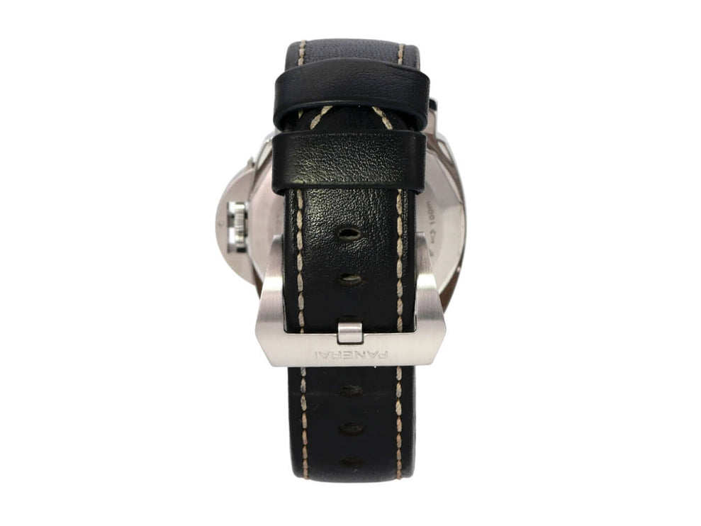 Panerai Luminor Blu Mare 44 PAM01085 Rückansicht mit schwarzem Lederarmband und Dornschließe.