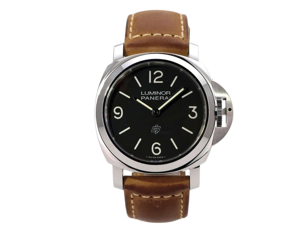 Panerai Luminor Base Logo 44 PAM01086 mit braunem Lederarmband und schwarzem Zifferblatt.