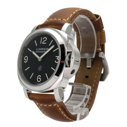 Panerai Luminor Base Logo 44 PAM01086 mit Edelstahlgehäuse, braunem Lederarmband und schwarzem Zifferblatt.