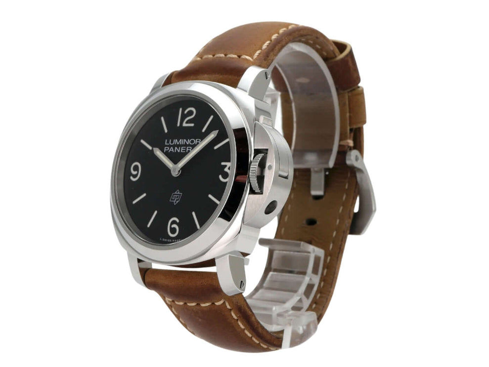 Panerai Luminor Base Logo 44 PAM01086 mit Edelstahlgehäuse, braunem Lederarmband und schwarzem Zifferblatt.