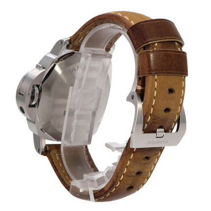 Panerai Luminor Base Logo 44 PAM01086 mit braunem Lederarmband und Edelstahlgehäuse, Rückansicht.