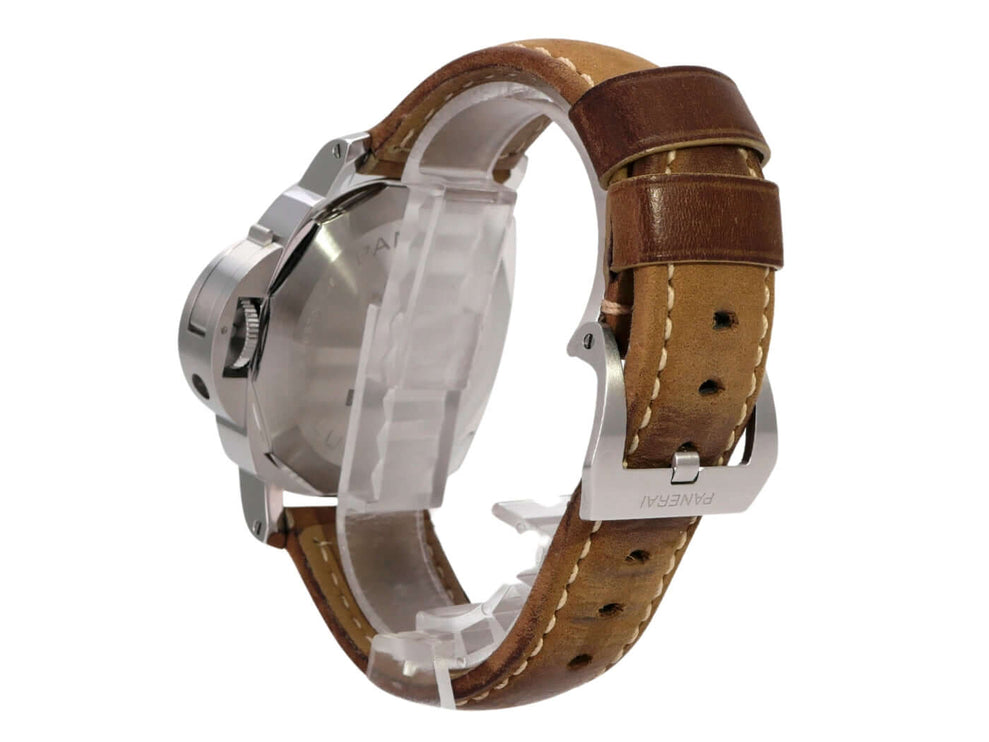 Panerai Luminor Base Logo 44 PAM01086 mit braunem Lederarmband und Edelstahlgehäuse, Rückansicht.