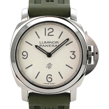 Panerai Luminor Base Logo 44 PAM01087 mit grünem Kautschukband und weißem Zifferblatt, poliertem Edelstahlgehäuse