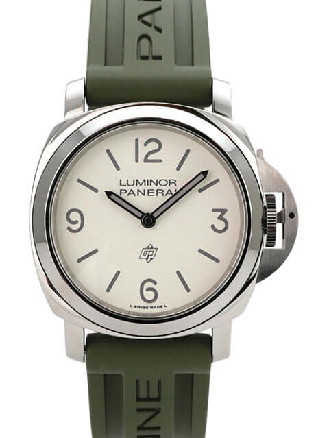 Panerai Luminor Base Logo 44 PAM01087 mit grünem Kautschukband und weißem Zifferblatt, poliertem Edelstahlgehäuse