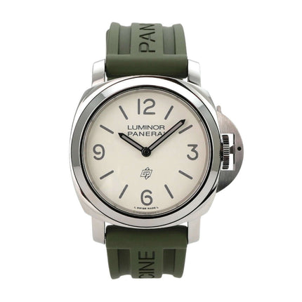 Panerai Luminor Base Logo 44 PAM01087 mit grünem Kautschukband und weißem Zifferblatt.