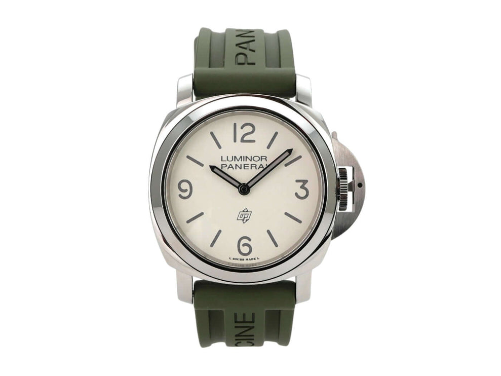 Panerai Luminor Base Logo 44 PAM01087 mit grünem Kautschukband und weißem Zifferblatt.