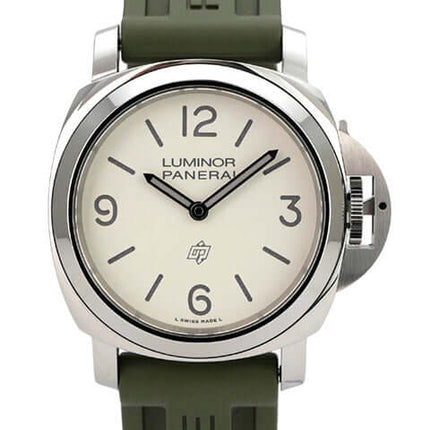 Panerai Luminor Base Logo 44 PAM01087 mit weißem Zifferblatt, grünem Kautschukband und Edelstahlgehäuse