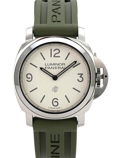 Panerai Luminor Base Logo 44 PAM01087 mit weißem Zifferblatt, grünem Kautschukband und Edelstahlgehäuse