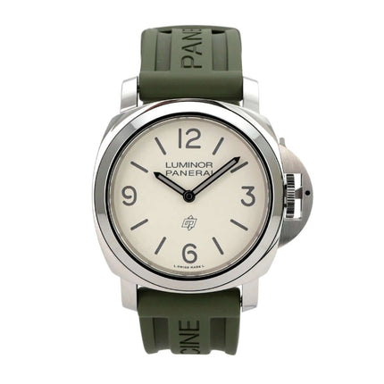 Panerai Luminor Base Logo 44 PAM01087, Edelstahl, weißes Zifferblatt, grünes Kautschukband, Handaufzug