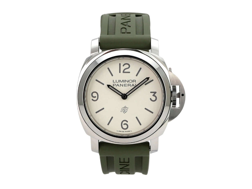 Panerai Luminor Base Logo 44 PAM01087, Edelstahl, weißes Zifferblatt, grünes Kautschukband, Handaufzug