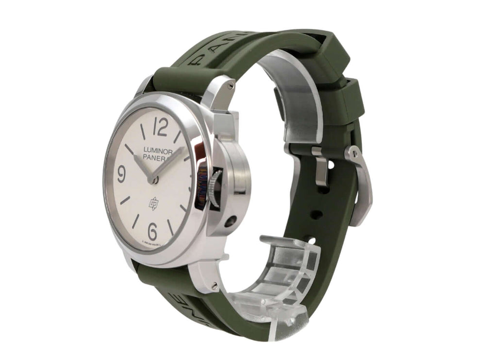 Panerai Luminor Base Logo 44 PAM01087 Uhr aus Edelstahl mit grünem Kautschukband und weißem Zifferblatt