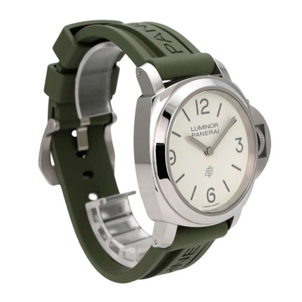 Panerai Luminor Base Logo 44 PAM01087 Uhr mit grünem Kautschukband, Edelstahlgehäuse und weißem Zifferblatt