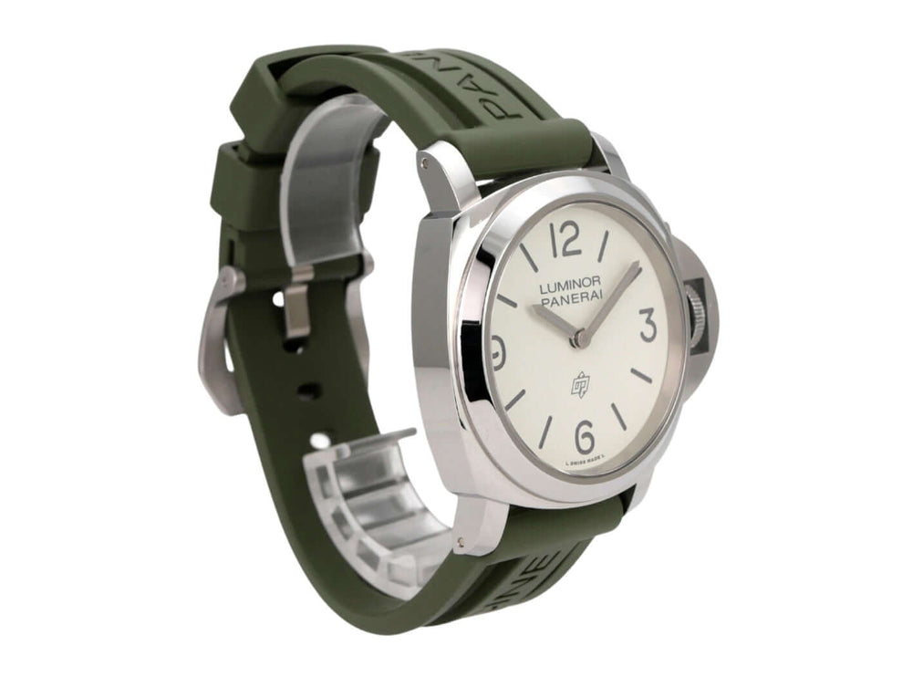 Panerai Luminor Base Logo 44 PAM01087 Uhr mit grünem Kautschukband, Edelstahlgehäuse und weißem Zifferblatt